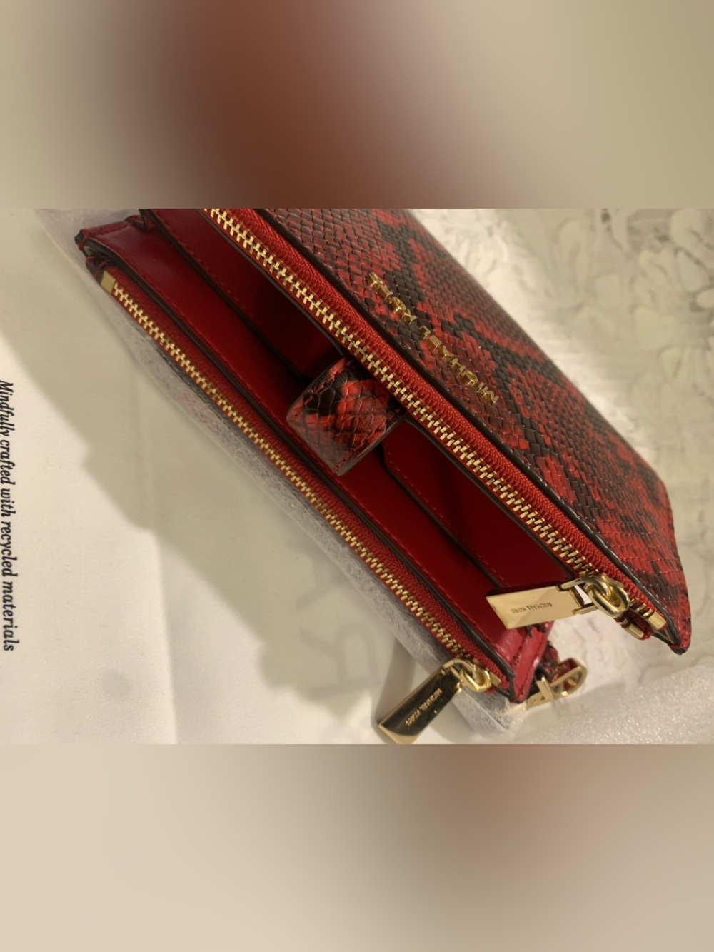 New Michael Kors Red and Black Snake-Embossed Phone Wristlet Python Wallet - Picture 3 of 7